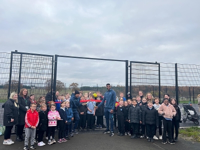 Pupils, and staff from our Lady's, with Livingston FC players at opening of new pitch