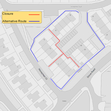 Map of footpath closure on Honeyman Court