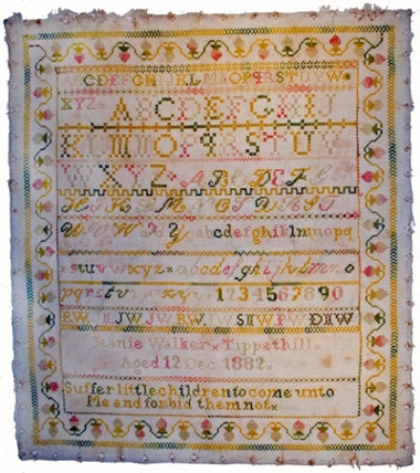 This sampler was sewn by 12 year old girl in December, 1882. It contains alphabet, numbers and the initials of her immediate family. Samplers are pieces of needlework which show a variety of stitches. 