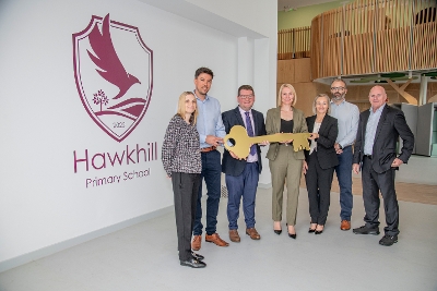 Hawkhill handover Cllr McGuire and council staff, with reps from Hub SE, Morrison Construction and Winchburgh Development Ltd.