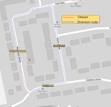Map of closure on West Park Grove