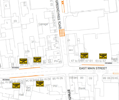 Map of parking suspension on East Main Street